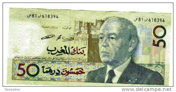 BILLET MAROC - P.64c - 50 DIRHAMS - 1991 - ROI HASSAN II - FANTASIA - CAVALIER - FLEUR - IMMEUBLE - Marocco