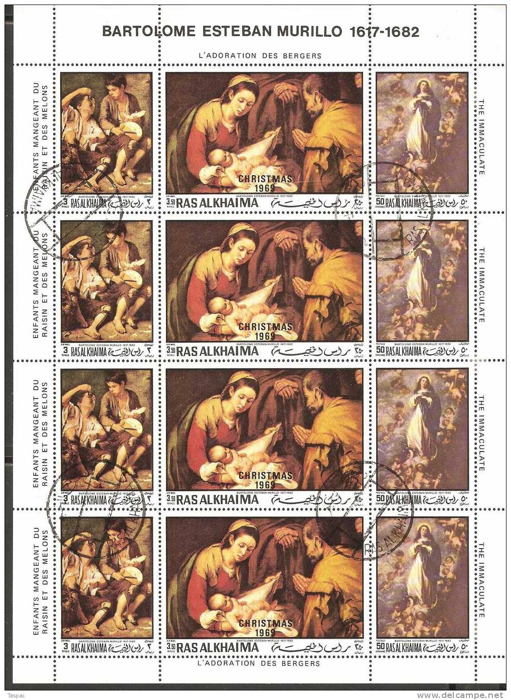 Ras Al-Khaima 1970 Mi# 349-351 A Used - Mini Sheet - Christmas / Paintings By Bartolome Esteban Murillo - Ras Al-Khaimah