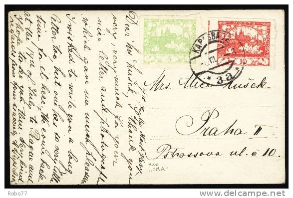 Czechoslovakia Postcard Franked With Hradcany. Karlsbad 1.VII.20. People, Soldier.  (A02059) - Cartes Postales