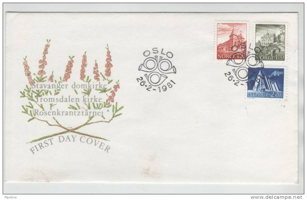 Norway FDC Buildings Set Of 3 With Cachet 26-2-1981 - FDC