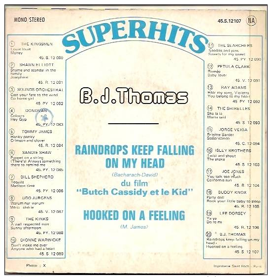 B.j. Thomas 45t. SP *raindrops Keep Falling On My Head* - Rock