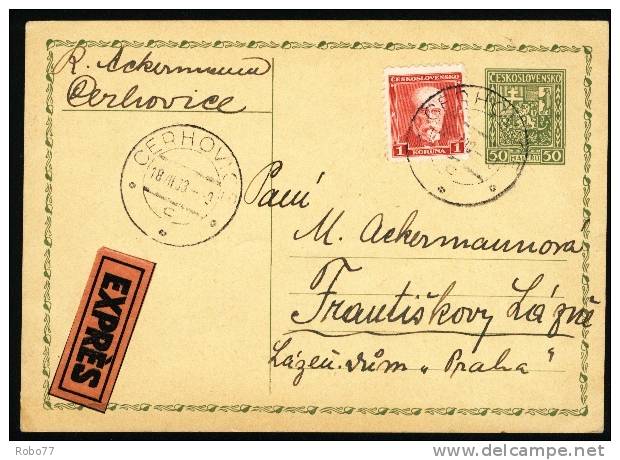 Czechoslovakia Postal Card. EXPRES. Cerhovice 18.VII.33.  (A05154) - Postales