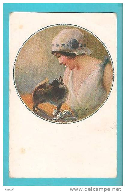 ILLUSTRATOTE MONESTIER C. DONNA CON CANE CARTOLINA FORMATO PICCOLO VIAGGIATA NEL 1918 - Monestier, C.