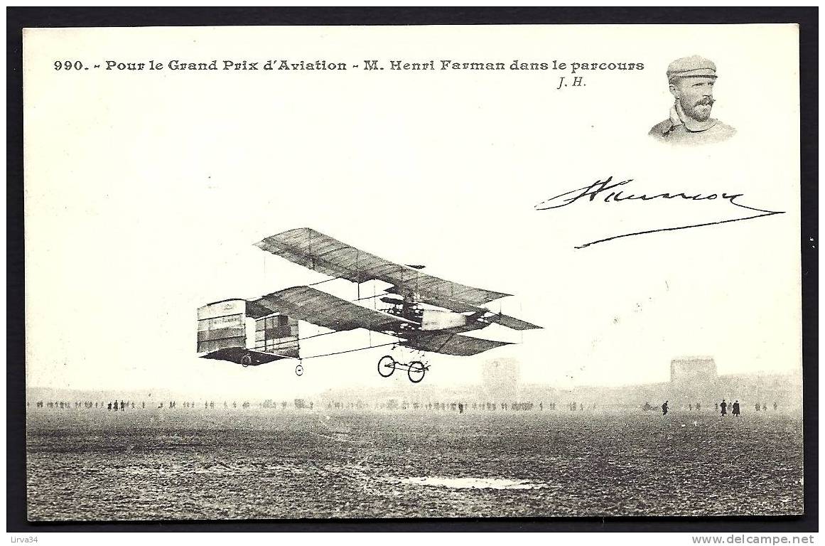 CPA  ANCIENNE- FRANCE- GRAND PRIX D' AVIATION- HENRI FARMAN DANS LE PARCOURS- GROS PLAN EN VOL- - Meetings