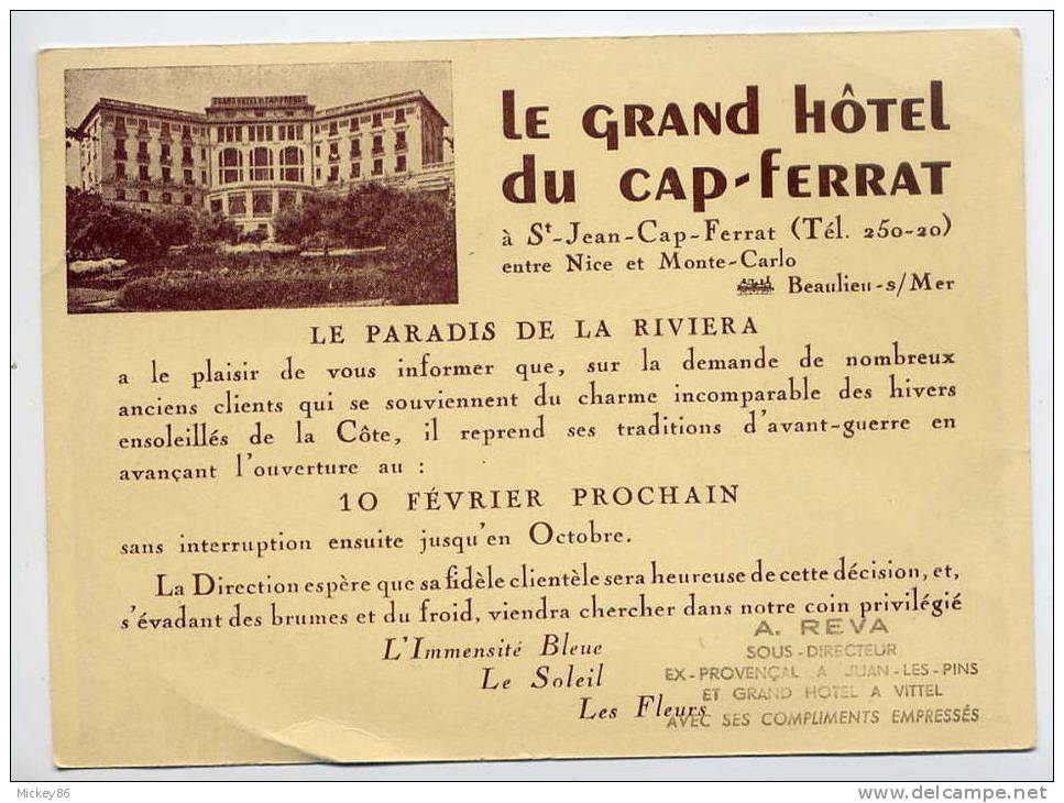 ST JEAN CAP-FERRAT-années 45 à 50--carte Publicitaire Animée "LE GRAND HOTEL DU CAP-FERRAT"-cachet  Du Sous Directeur - Saint-Jean-Cap-Ferrat