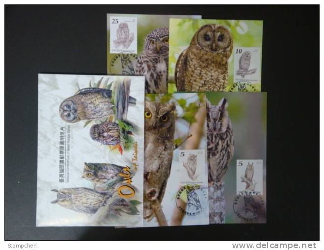 Set Of 4 Maxi Cards 2011 Taiwan Owls Stamps Fauna Owl Nice Cachet - Maximumkarten