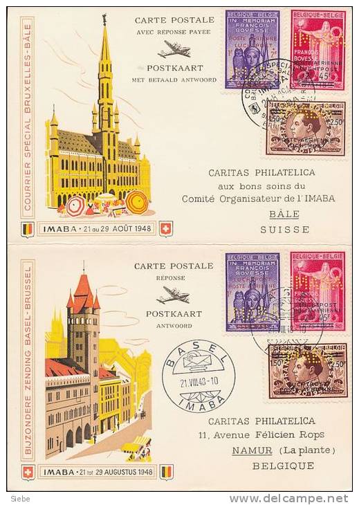 1948 Belgique Suisse - PA21/23 Perforé IMABA Sur Carte Réponse Bxl Basel Allez Retour - Série Bovesse - Covers & Documents