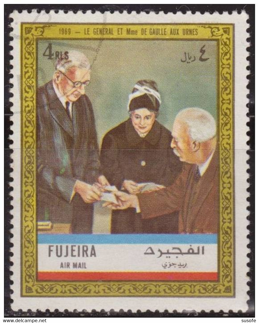 Fujeira 1972 Michel 954A Sello º General Charles De Gaulle Y Señora Votando Yvert PA67-J Air Mail Fuyaira Fujairah Stamp - Fujeira