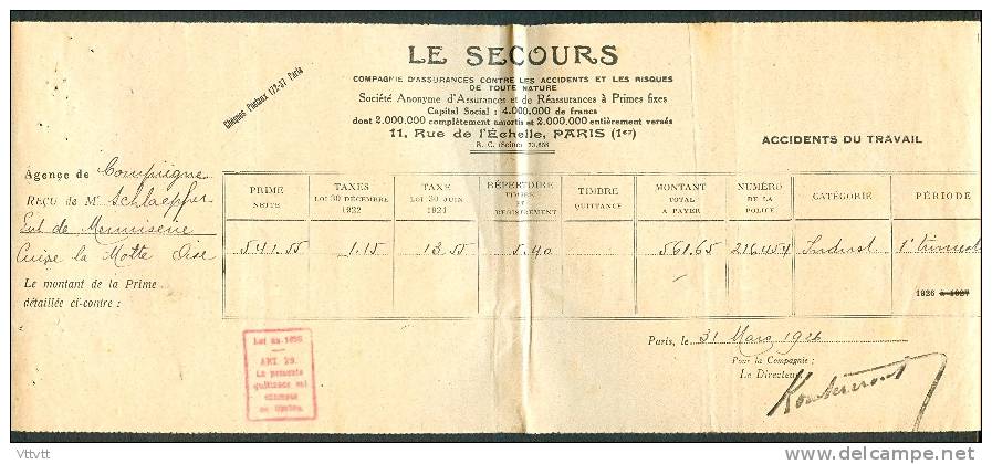 1926 : Reçu Compagnie Le Secours, Assurance, Entreprise De Menuiserie, Compiègne, Accidents Du Travail, Cuise-la-Motte - Bank & Insurance