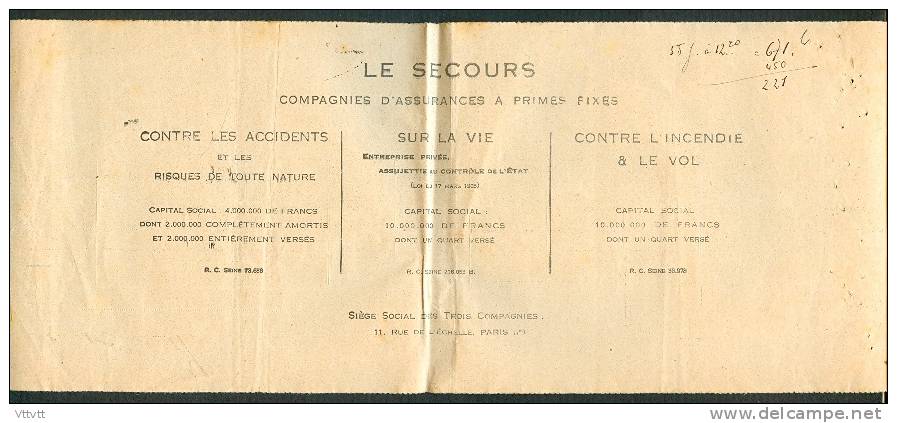 1926 : Reçu Compagnie Le Secours, Assurance, Entreprise De Menuiserie, Compiègne, Accidents Du Travail, Cuise-la-Motte - Bank & Insurance