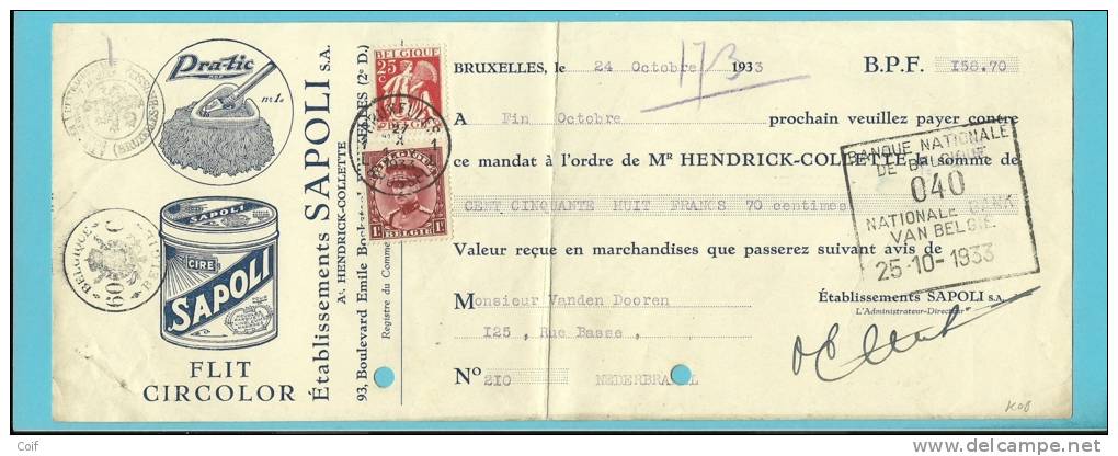 317+339 Op "mandat à L´ordre" Met Stempel BRUXELLES Met Reclame "SAPOLI / FLIT CIRCOLOR" (VK) - 1931-1934 Quepis