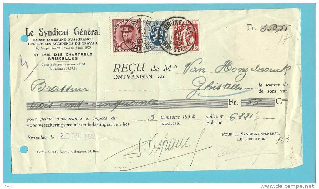 285+317+339 Op Recu Met Stempel BRUXELLES - 1932 Cérès Et Mercure