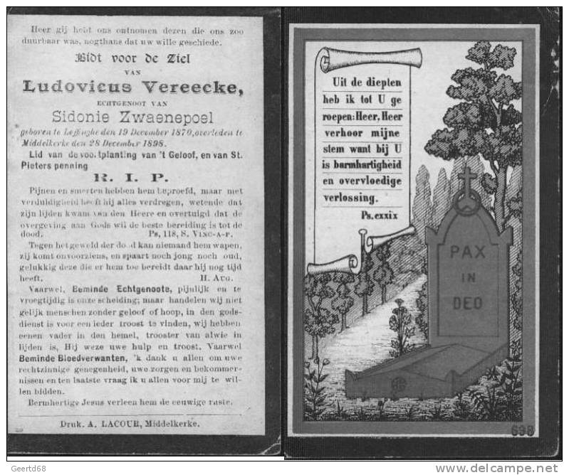 Doodsprentje Ludovicus Vereecke - Leffinghe 1870 - Middelkerke 1898 - Religion & Esotérisme