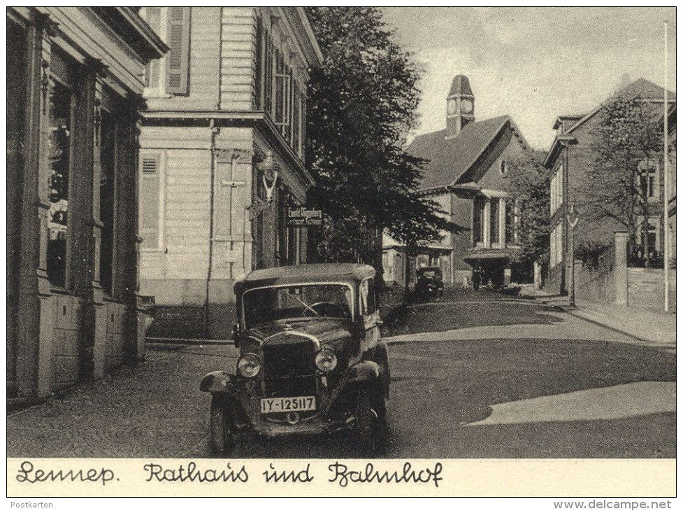 ALTE POSTKARTE LENNEP RATHAUS UND BAHNHOF REMSCHEID EWALD R.. HOTEL Station Gare Auto Voiture Car Ansichtskarte Postcard - Remscheid