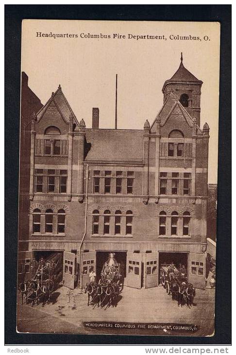 RB 801 - Early Postcard - Headquarters Of Columbus Fire Department Ohio USA - Horse Drawn Fire Appliances - Columbus