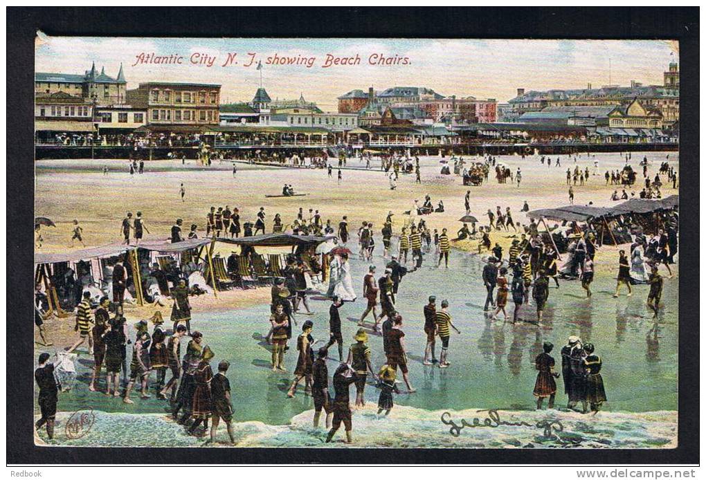 RB 801 - 1907 Postcard - Atlantic City New Jersey USA Showing Beach Chairs &amp; Bathers - 2c Rate To Wellesbourne UK - Atlantic City