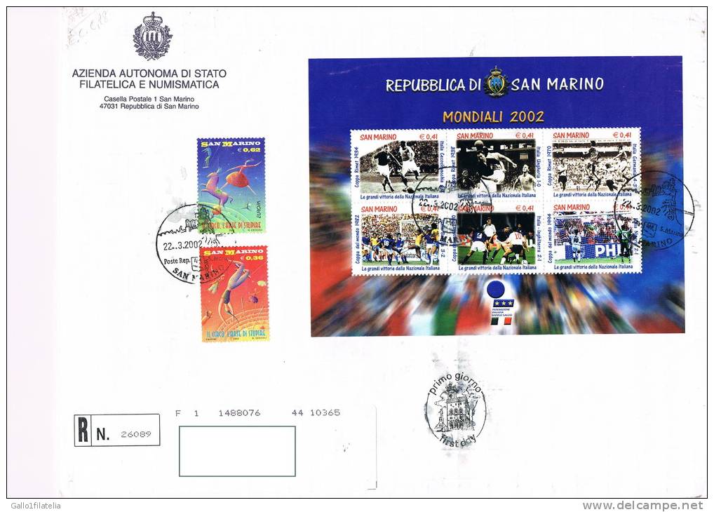 2002 - SAN MARINO - BUSTA VIAGGIATA FDC CON SERIE COMPLETA " EUROPA 2002 IL CIRCO" E FOGLIETTO " CAMPIONATI MONDIALI ". - Covers & Documents