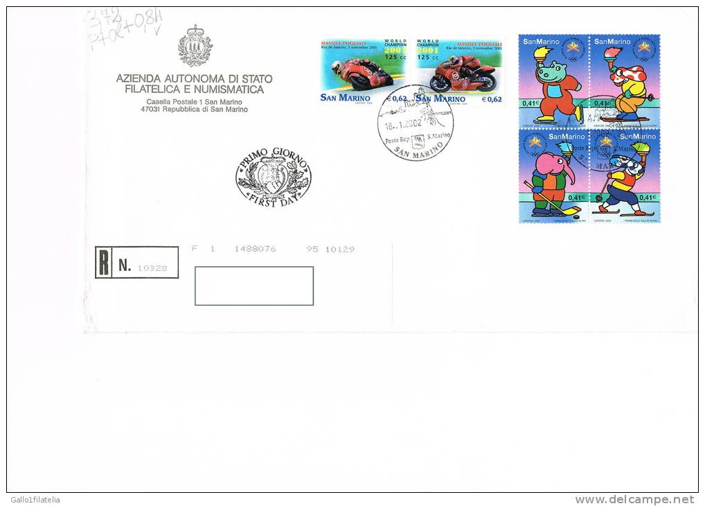 2002 - SAN MARINO - BUSTA VIAGGIATA FDC CON SERIE COMPLETA " MANUEL POGGIALI " E " OLIMPIADI ". - Brieven En Documenten