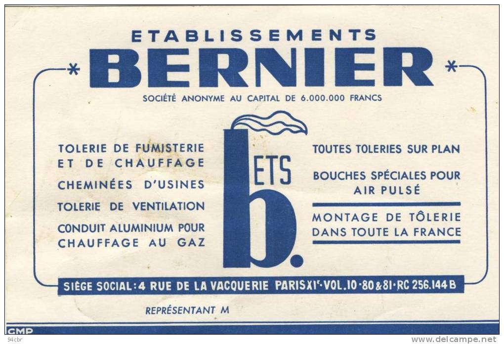 CPA (paris 11e)    ETABLISSEMENT BERNIER 4 Rue De La Vacquerie  (etat Moyen) - Arrondissement: 11
