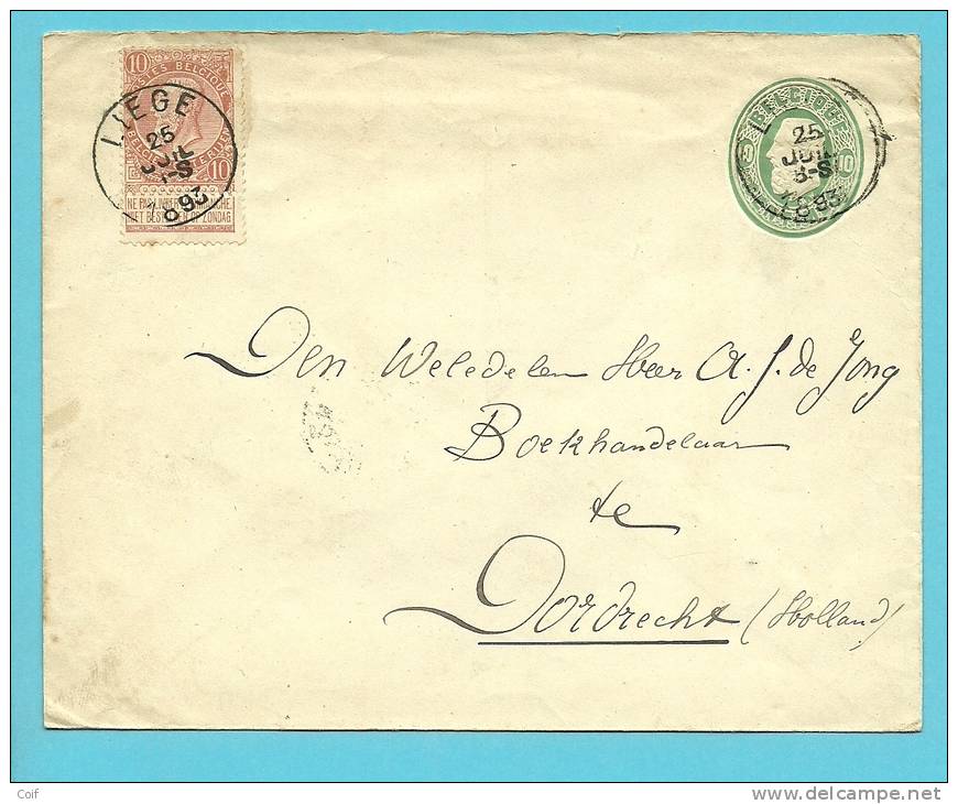 Entier Enveloppe Ovale 10 C + TP Fine Barbe LIEGE 1893 à DORDRECHT- Affranch. MIXTE Et PREFERENTIEL 20 C NL - Briefe