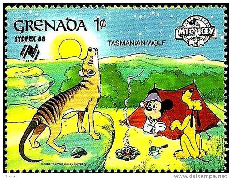 Granada 1988 Scott 1638 Sello ** Walt Disney SYDPEX Australia Camping Mickey Y Pluto Con Perro De Tasmania 1c Grenada - Disney