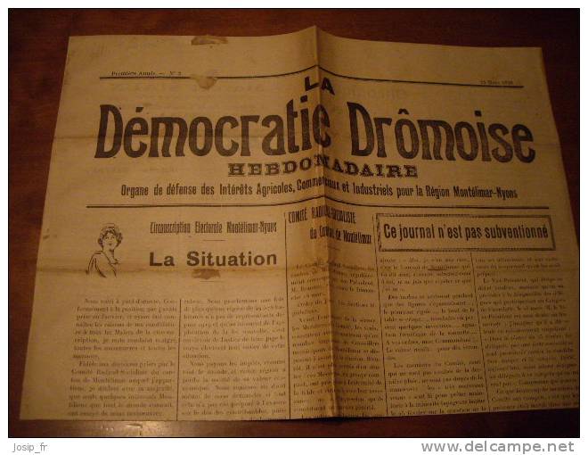 MONTéLIMAR (DRÔME) Journal LA DéMOCRATIE DRÔMOISE N°2-1928 Législatives - Rhône-Alpes