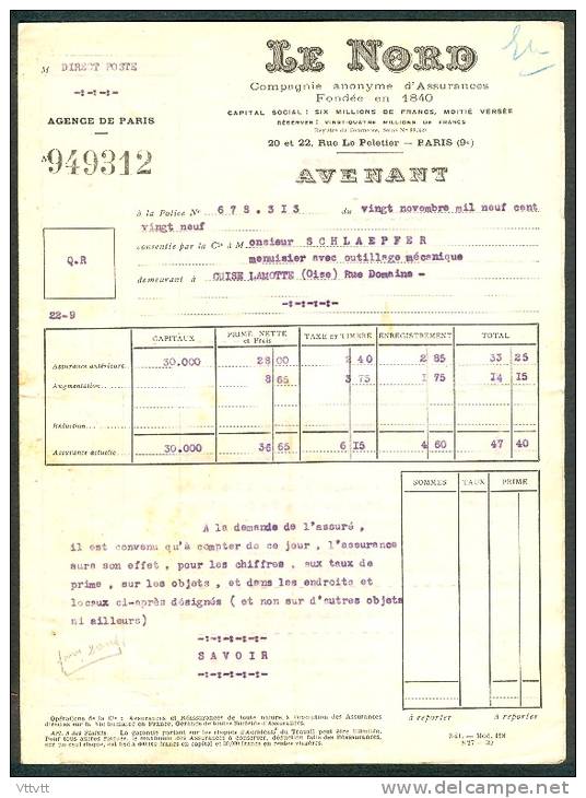 Avenant Police D´Assurance "Le Nord" (1929-1928) : M. Schlaepfer, Cuise-Lamotte, Menuisier, Menuiserie... - Bank & Insurance