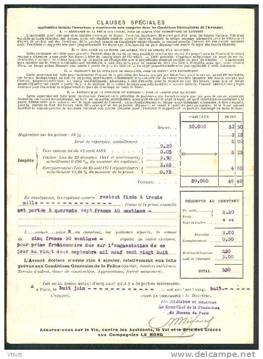 Avenant Police D´Assurance "Le Nord" (1929-1928) : M. Schlaepfer, Cuise-Lamotte, Menuisier, Menuiserie... - Bank & Insurance