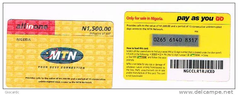 NIGERIA - MTN (GSM RECHARGE) - ALL IN ONE 1500 (DIFFERENT BACK: 2 LITTLE PHONE GREEN)    - USED  -  RIF. 2494 - Nigeria