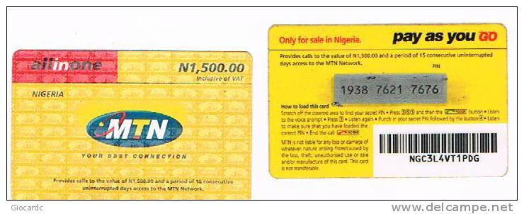 NIGERIA - MTN (GSM RECHARGE) - ALL IN ONE 1500 (DIFFERENT BACK: 1 LITTLE PHONE GREEN, 1 RED)    - USED  -  RIF. 2493 - Nigeria