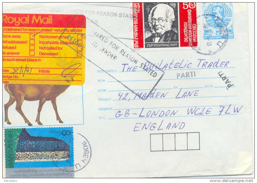 Bulgarie 1991 " Sir Rowland Hill, London-90 " Yvert Bloc 165 Sur Lettre Voyagée Vers G.Bretagne, Renvoyé Au Expéditeur. - Rowland Hill