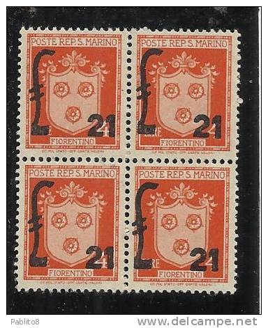 SAN MARINO 1947 STEMMI LIRE 21 SU 4 MNH QUARTINA - Unused Stamps