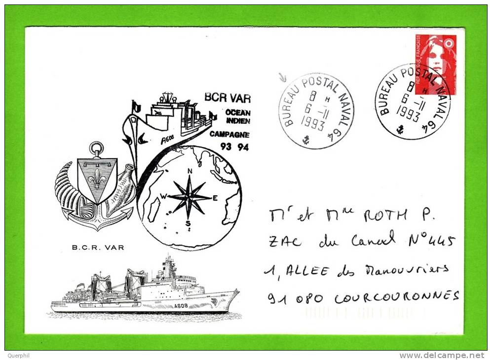 BCR VAR, Océan-Indien 93/94, Env Illustrée, Bureau Postal Naval 64, 6/11/93 - Poste Navale