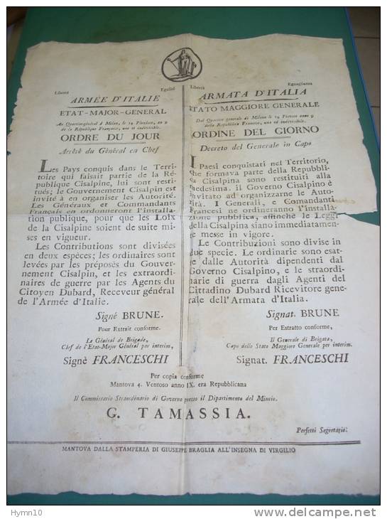 2M4-NAPOLEONICO REP.CISALPINA ARMEE D´ITALIE Manifesto Cm.52,50x40,50 Bilignue DECRETO GENERALE IN CAPO+EN TETE - Affiches