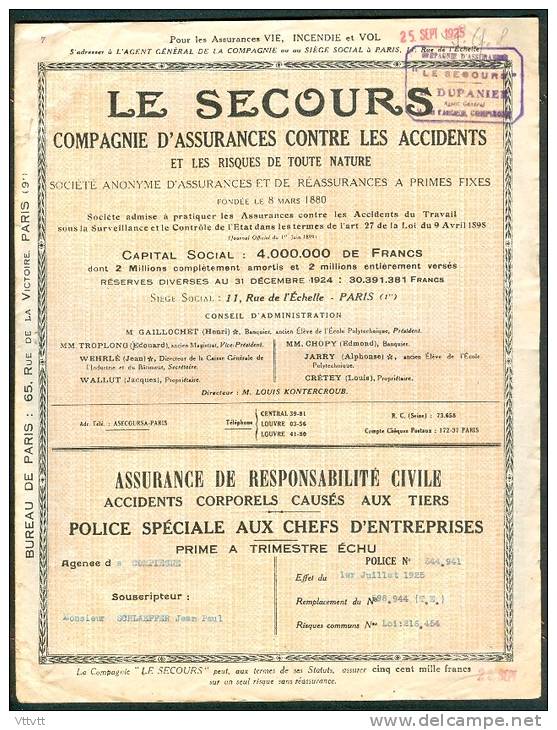 Police D´Assurance Contre Les Accidents (1925) Le Secours, M. Schlaepfer, Cuise-la-Motte, Menuiserie, Compiègne, 2 Pages - Bank & Insurance