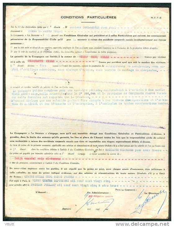 Police D´Assurance Contre Les Accidents (1925) Le Secours, M. Schlaepfer, Cuise-la-Motte, Menuiserie, Compiègne, 2 Pages - Bank & Insurance