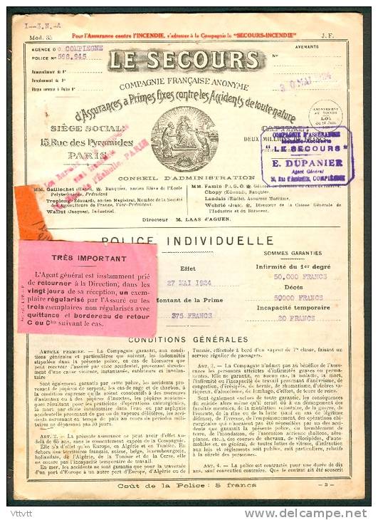 Police D&acute;Assurance Individuelle (1924) Le Secours : M. Schlaepfer, Cuise-la-Motte, Menuiserie, Compiègne 3 Pages.. - Bank & Insurance