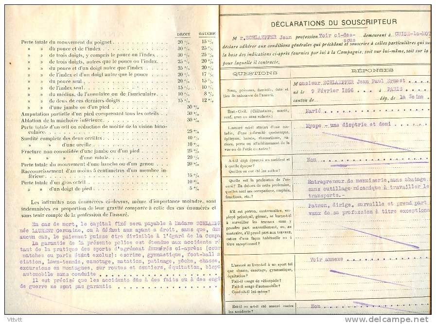 Police D&acute;Assurance Individuelle (1924) Le Secours : M. Schlaepfer, Cuise-la-Motte, Menuiserie, Compiègne 3 Pages.. - Bank & Insurance