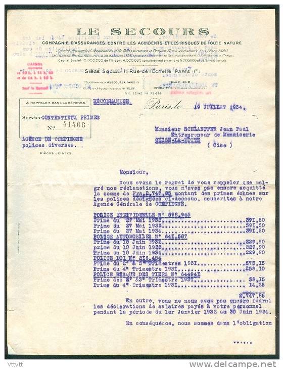 Assurance Le Secours (1934), Service Contentieux Primes, Lettre Pour Police Non Payées Avec Rappel Et Ultimatum... - Bank & Insurance
