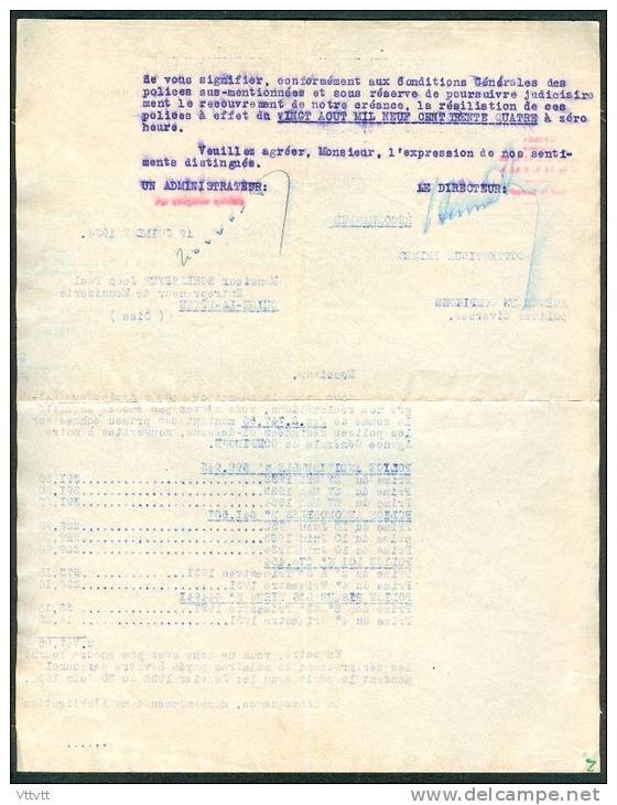Assurance Le Secours (1934), Service Contentieux Primes, Lettre Pour Police Non Payées Avec Rappel Et Ultimatum... - Bank & Insurance