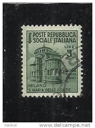 ITALIA REGNO ITALY KINGDOM REPUBBLICA SOCIALE ITALIANA RSI 1944 1945 MONUMENTI DISTRUTTI LIRE 3 USATO USED OBLITERE' - Oblitérés