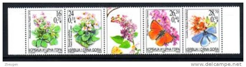 SERBIA MONTENEGRO 2004 FLOWERS,BUTTERFLIES  STRIP MNH - Sonstige & Ohne Zuordnung