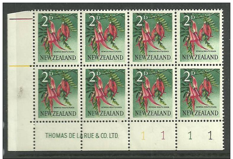 NEW ZEALAND - 1960 2d KOWHAI NGUTU-KAKA PICTORIALS PLATE 1 1 1 1 BLOCK OF 8.   UHM - Other & Unclassified