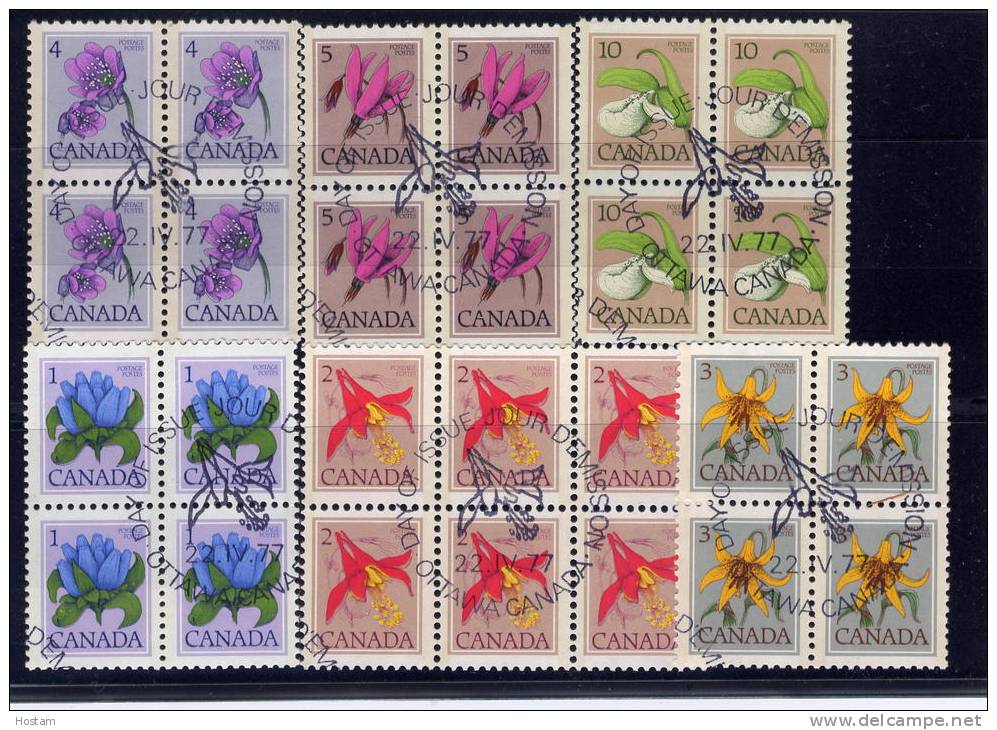 CANADA 1979, # 781 To 786, BLOCK OF 4 STAMPS, DEFINITIVES: FLOWERS   FIRST DAY CANCEL IN WINNIPEG - Hojas Bloque