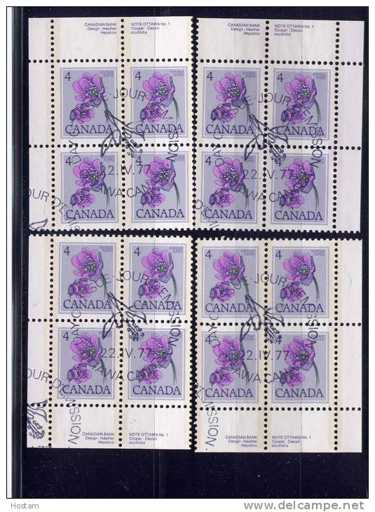 CANADA 1979, # 784,  PL  BLOCK , DEFINITIVES: FLOWERS   FIRST DAY CANCEL IN WINNIPEG - Blocks & Sheetlets