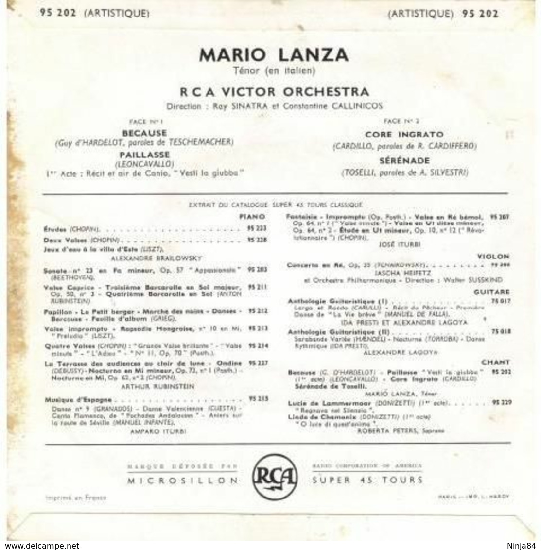 EP 45 RPM (7")  Mario Lanza  "  Because  " - Klassik