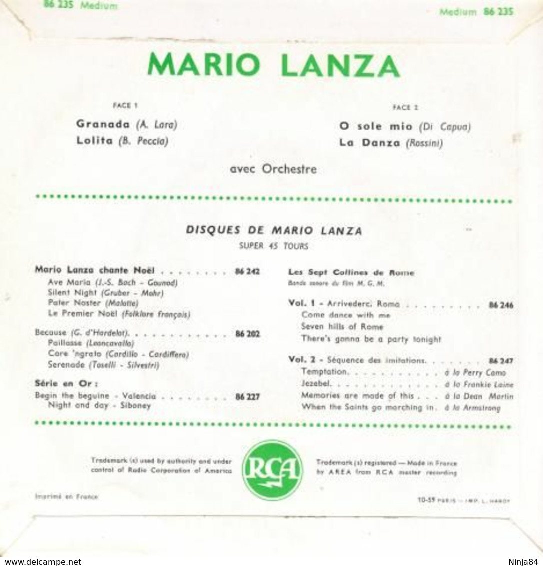 EP 45 RPM (7")  Mario Lanza  "  Granada  " - Classique