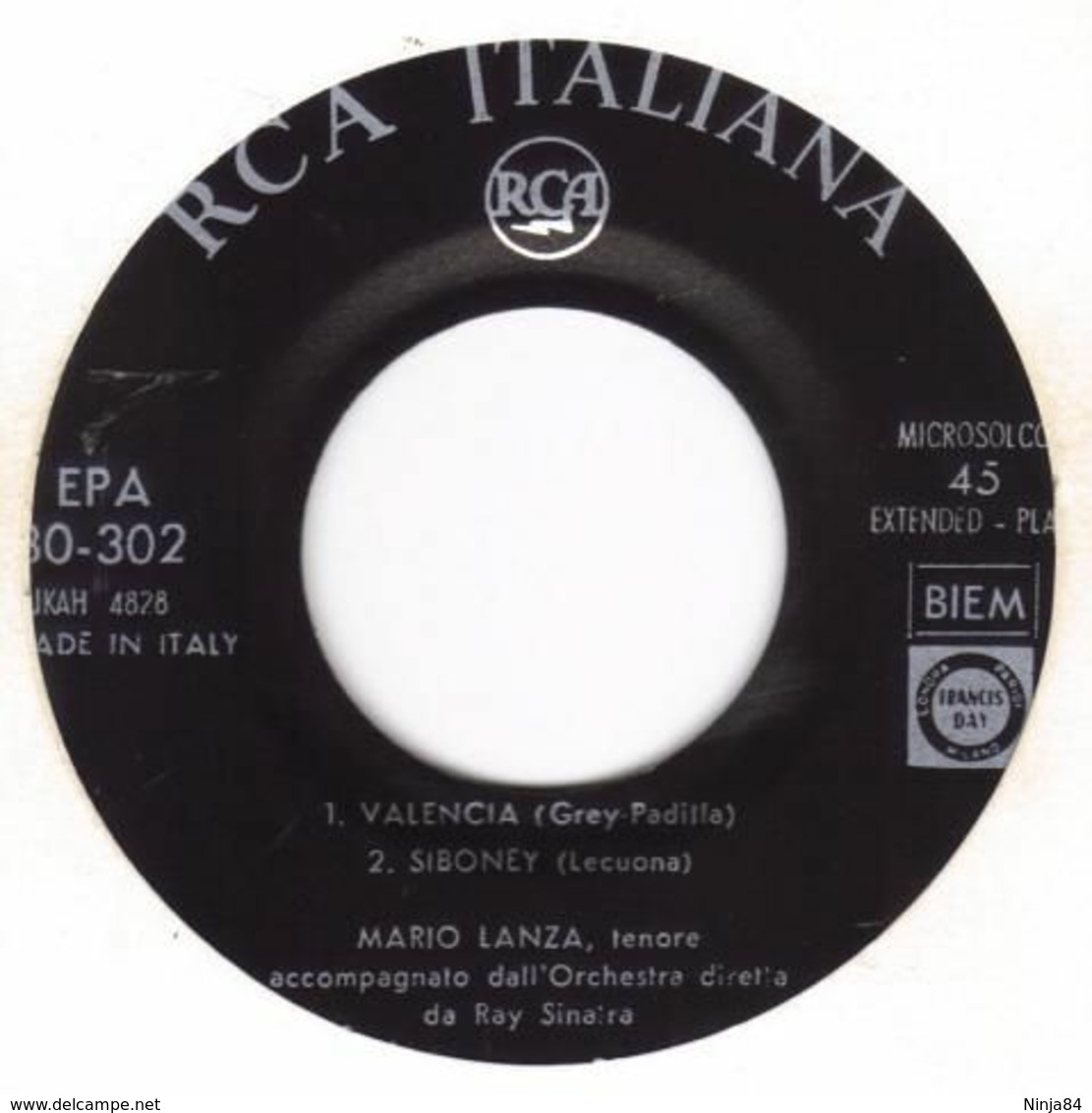 EP 45 RPM (7")  Mario Lanza  "  Valencia  "  Italie - Clásica