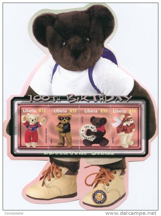 Liberia 2002.100th Birthday Adventure Bears. MNH**. Special Shape! Ours En Peluche.Teddy Bear.Teddybeer.Nounours.Doll - Muñecas