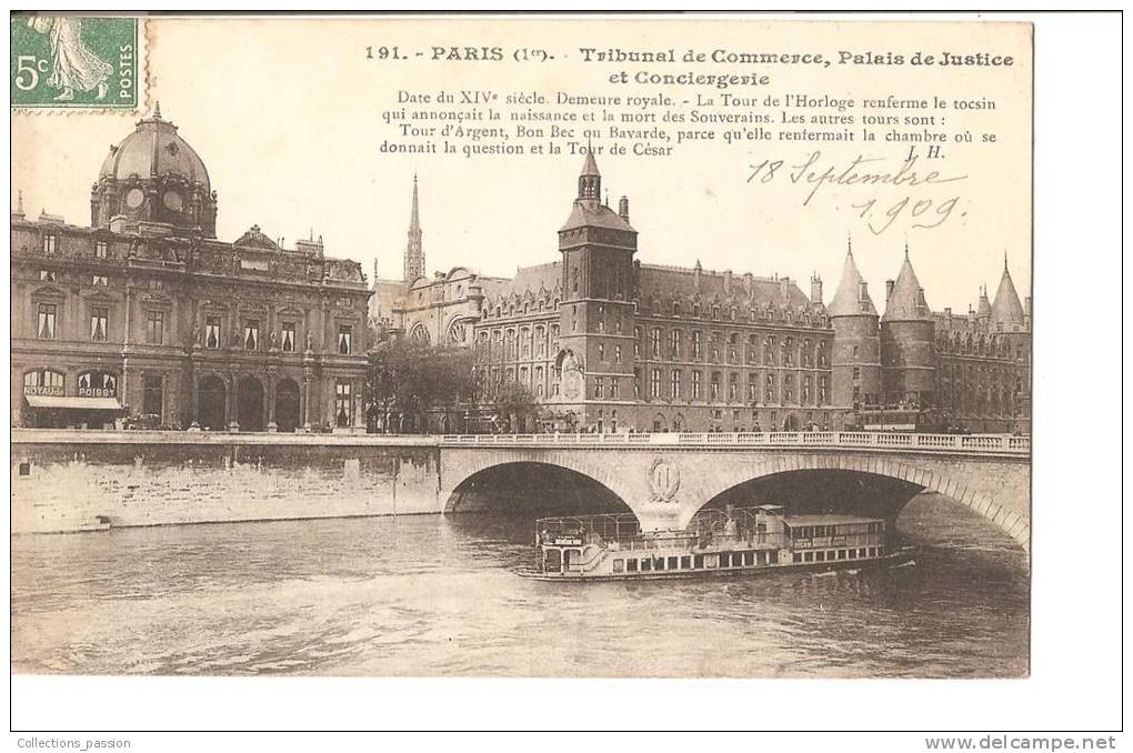 CP, 75, Paris, Tribunal De Commerce, Palais De Justice Et Conciergerie, 1909, Voyagée - Autres Monuments, édifices